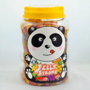 jelly straws in a plastic jar with panda character image