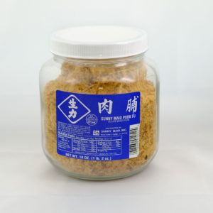 cooked dried pork fu in a glass bottle - blue label
