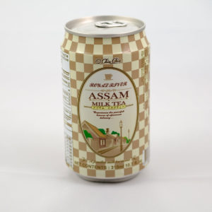assam milk tea drink in a checker design can