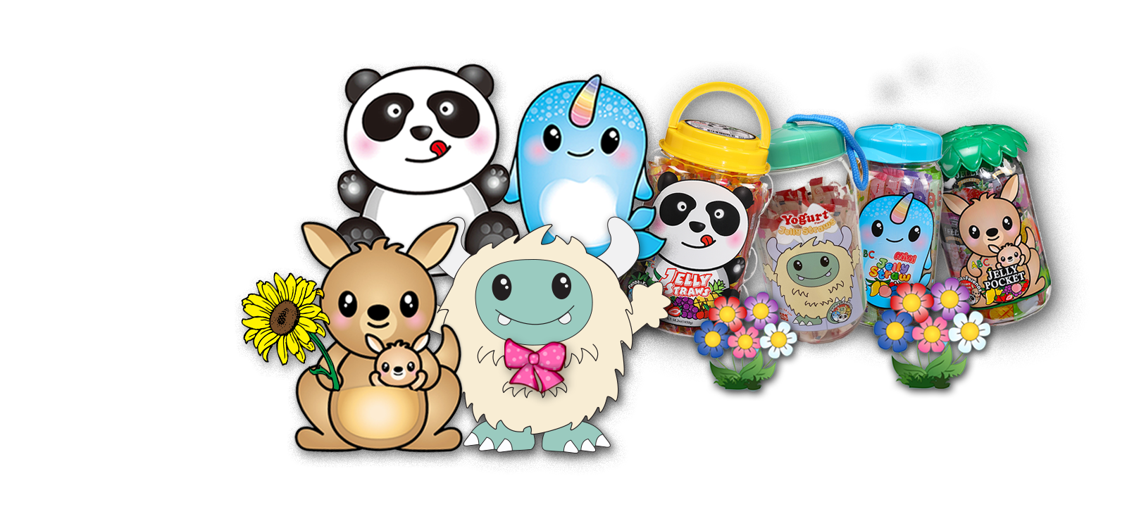 panda and friends group photo with jelly jars spring theme