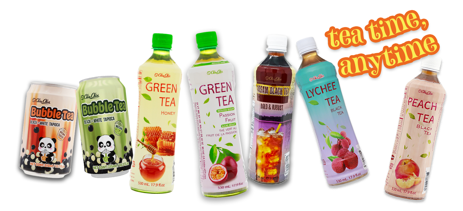 bottles and cans of teas