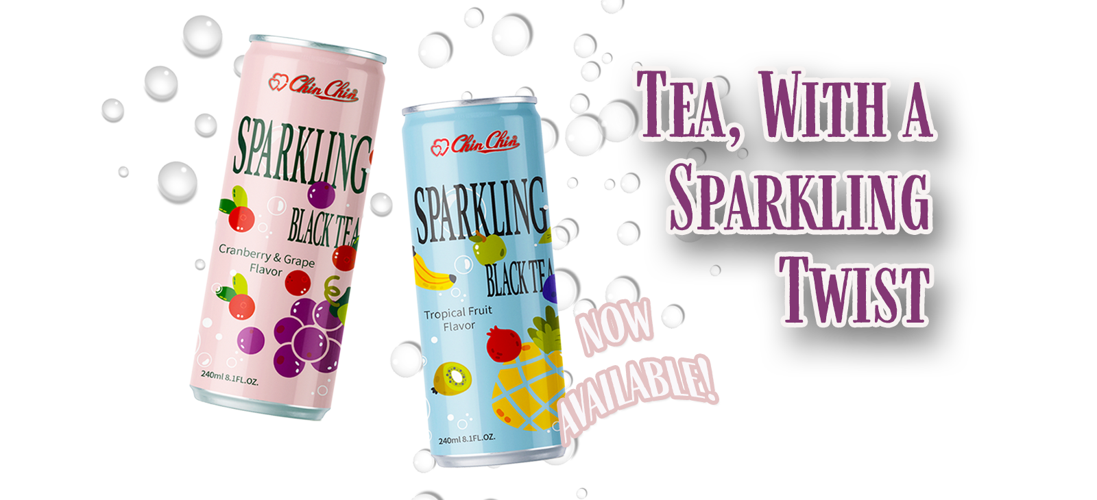 sparkling tea cans alongside tag line - tea with a sparkling twist