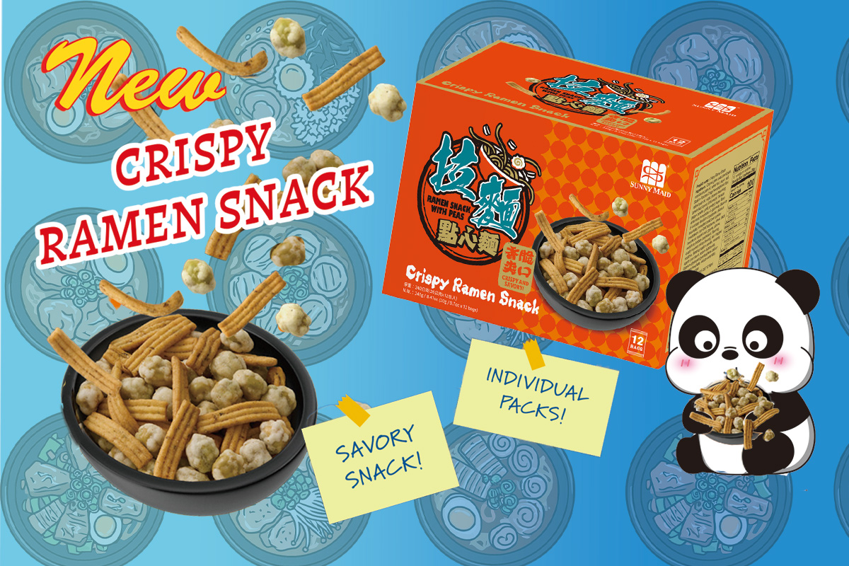 Box of Crispy Ramen snack product next to a bowl of crispy ramen and peas
